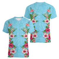 Hawaii Tropical Flowers Women V-Neck T-Shirt Sky Blue Polynesian Tattoo Art