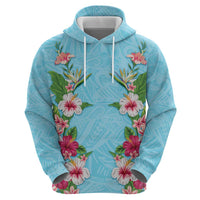 Hawaii Tropical Flowers Zip Hoodie Sky Blue Polynesian Tattoo Art