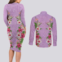Hawaii Tropical Flowers Couples Matching Long Sleeve Bodycon Dress and Long Sleeve Button Shirt Lavender Polynesian Tattoo Art