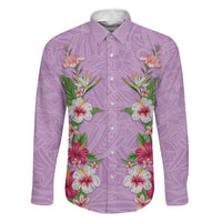 Hawaii Tropical Flowers Family Matching Off The Shoulder Long Sleeve Dress and Hawaiian Shirt Lavender Polynesian Tattoo Art LT05 Dad's Shirt - Long Sleeve Lavender - Polynesian Pride