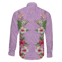 Hawaii Tropical Flowers Family Matching Off The Shoulder Long Sleeve Dress and Hawaiian Shirt Lavender Polynesian Tattoo Art LT05 - Polynesian Pride