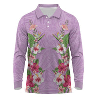 Hawaii Tropical Flowers Long Sleeve Polo Shirt Lavender Polynesian Tattoo Art