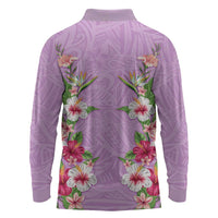 Hawaii Tropical Flowers Long Sleeve Polo Shirt Lavender Polynesian Tattoo Art