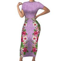 Hawaii Tropical Flowers Short Sleeve Bodycon Dress Lavender Polynesian Tattoo Art