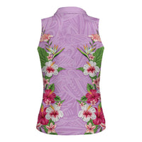 Hawaii Tropical Flowers Women Sleeveless Polo Shirt Lavender Polynesian Tattoo Art