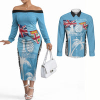 Personalised Fiji Day 2026 Couples Matching Off The Shoulder Long Sleeve Dress and Long Sleeve Button Shirt Masi Tapa Pattern With Palm Tree LT05 Blue - Polynesian Pride