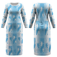 Bula Fiji Family Matching Long Sleeve Bodycon Dress and Hawaiian Shirt White Makare Masi Tapa Pattern LT05 Mom's Dress White - Polynesian Pride