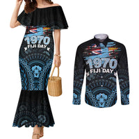 Personalised Happy Fiji Day 1970 Couples Matching Mermaid Dress and Long Sleeve Button Shirt Flag Grunge Style LT05 Black - Polynesian Pride