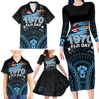 Personalised Happy Fiji Day 1970 Family Matching Long Sleeve Bodycon Dress and Hawaiian Shirt Flag Grunge Style LT05 - Polynesian Pride