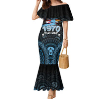 Personalised Happy Fiji Day 1970 Family Matching Mermaid Dress and Hawaiian Shirt Flag Grunge Style LT05 Mom's Dress Black - Polynesian Pride