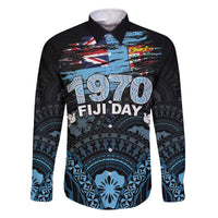 Personalised Happy Fiji Day 1970 Family Matching Off The Shoulder Long Sleeve Dress and Hawaiian Shirt Flag Grunge Style