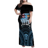 Personalised Happy Fiji Day 1970 Family Matching Off Shoulder Maxi Dress and Hawaiian Shirt Flag Grunge Style LT05 Mom's Dress Black - Polynesian Pride