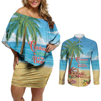 Hawaii Jolly Christmas Couples Matching Off Shoulder Short Dress and Long Sleeve Button Shirt Xmas Is Better At The Beach