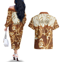 Personalized Fiji Spring Break Couples Matching Off The Shoulder Long Sleeve Dress and Hawaiian Shirt Fijian Tapa Pattern Brown LT05 - Polynesian Pride