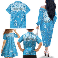 Personalized Fiji Spring Break Family Matching Off Shoulder Long Sleeve Dress and Hawaiian Shirt Fijian Tapa Pattern Blue LT05 - Polynesian Pride