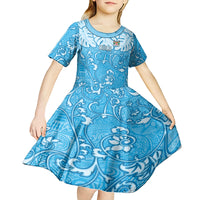 Personalized Fiji Spring Break Kid Short Sleeve Dress Fijian Tapa Pattern Blue LT05 - Polynesian Pride