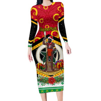 Personalized Vanuatu Christmas Long Sleeve Bodycon Dress Santa God Yumi LT05 Long Dress Red - Polynesian Pride
