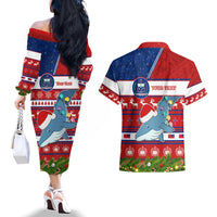 Personalized Samoa Christmas Couples Matching Off The Shoulder Long Sleeve Dress and Hawaiian Shirt Santas Whale Manuia Le Kerisimasi LT05 - Polynesian Pride