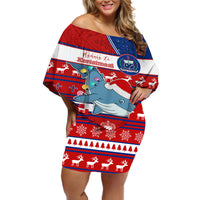 Personalized Samoa Christmas Off Shoulder Short Dress Santas Whale Manuia Le Kerisimasi LT05 Women Red - Polynesian Pride