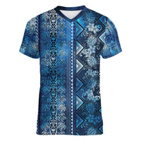 Hawaii Makahiki Turtle Women V-Neck T-Shirt Galaxy Tapa Pattern - Polynesian Pride