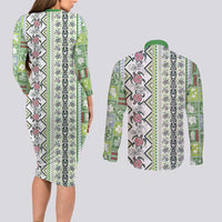 Hawaii Makahiki Turtle Couples Matching Long Sleeve Bodycon Dress and Long Sleeve Button Shirt Green Tapa Pattern - Polynesian Pride