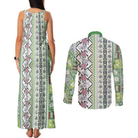 Hawaii Makahiki Turtle Couples Matching Tank Maxi Dress and Long Sleeve Button Shirt Green Tapa Pattern - Polynesian Pride