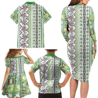 Hawaii Makahiki Turtle Family Matching Long Sleeve Bodycon Dress and Hawaiian Shirt Green Tapa Pattern - Polynesian Pride