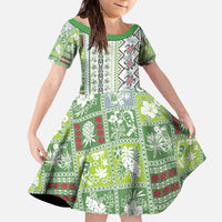 Hawaii Makahiki Turtle Family Matching Off The Shoulder Long Sleeve Dress and Hawaiian Shirt Green Tapa Pattern - Polynesian Pride