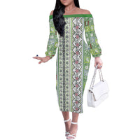 Hawaii Makahiki Turtle Family Matching Off The Shoulder Long Sleeve Dress and Hawaiian Shirt Green Tapa Pattern - Polynesian Pride