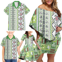 Hawaii Makahiki Turtle Family Matching Off Shoulder Short Dress and Hawaiian Shirt Green Tapa Pattern - Polynesian Pride
