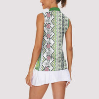 Hawaii Makahiki Turtle Women Sleeveless Polo Shirt Green Tapa Pattern - Polynesian Pride