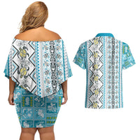 Hawaii Makahiki Turtle Couples Matching Off Shoulder Short Dress and Hawaiian Shirt Blue Tapa Pattern - Polynesian Pride