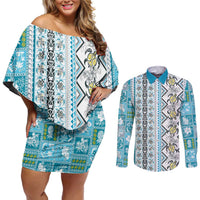 Hawaii Makahiki Turtle Couples Matching Off Shoulder Short Dress and Long Sleeve Button Shirt Blue Tapa Pattern - Polynesian Pride
