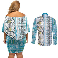 Hawaii Makahiki Turtle Couples Matching Off Shoulder Short Dress and Long Sleeve Button Shirt Blue Tapa Pattern - Polynesian Pride