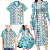 Hawaii Makahiki Turtle Family Matching Long Sleeve Bodycon Dress and Hawaiian Shirt Blue Tapa Pattern - Polynesian Pride