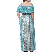 Hawaii Makahiki Turtle Family Matching Off Shoulder Maxi Dress and Hawaiian Shirt Blue Tapa Pattern - Polynesian Pride