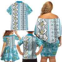 Hawaii Makahiki Turtle Family Matching Off Shoulder Short Dress and Hawaiian Shirt Blue Tapa Pattern - Polynesian Pride