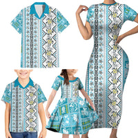 Hawaii Makahiki Turtle Family Matching Short Sleeve Bodycon Dress and Hawaiian Shirt Blue Tapa Pattern - Polynesian Pride