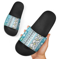 Hawaii Makahiki Turtle Slide Sandals Blue Tapa Pattern - Polynesian Pride