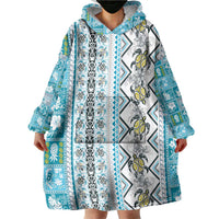 Hawaii Makahiki Turtle Wearable Blanket Hoodie Blue Tapa Pattern - Polynesian Pride