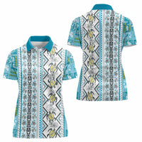 Hawaii Makahiki Turtle Women Polo Shirt Blue Tapa Pattern - Polynesian Pride