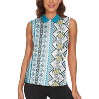 Hawaii Makahiki Turtle Women Sleeveless Polo Shirt Blue Tapa Pattern - Polynesian Pride