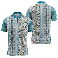 Hawaii Makahiki Turtle Zipper Polo Shirt Blue Tapa Pattern - Polynesian Pride