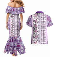 Hawaii Makahiki Turtle Couples Matching Mermaid Dress and Hawaiian Shirt Violet Tapa Pattern - Polynesian Pride