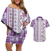 Hawaii Makahiki Turtle Couples Matching Off Shoulder Short Dress and Hawaiian Shirt Violet Tapa Pattern - Polynesian Pride