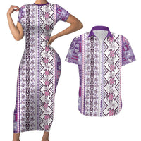 Hawaii Makahiki Turtle Couples Matching Short Sleeve Bodycon Dress and Hawaiian Shirt Violet Tapa Pattern - Polynesian Pride