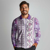 Hawaii Makahiki Turtle Long Sleeve Polo Shirt Violet Tapa Pattern - Polynesian Pride