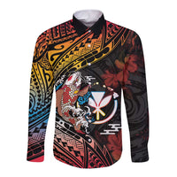 Hawaii And Japan Long Sleeve Button Shirt Koi Fish With Kanaka Maoli