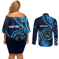 Personalised FSM Pohnpei Couples Matching Off Shoulder Short Dress and Long Sleeve Button Shirt Ocean Floral Pattern
