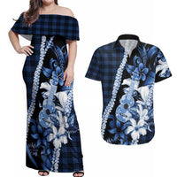 Hawaii Ukulele Couples Matching Off Shoulder Maxi Dress and Hawaiian Shirt Tropical Flowers With Palaka Effect Blue Version - Polynesian Pride